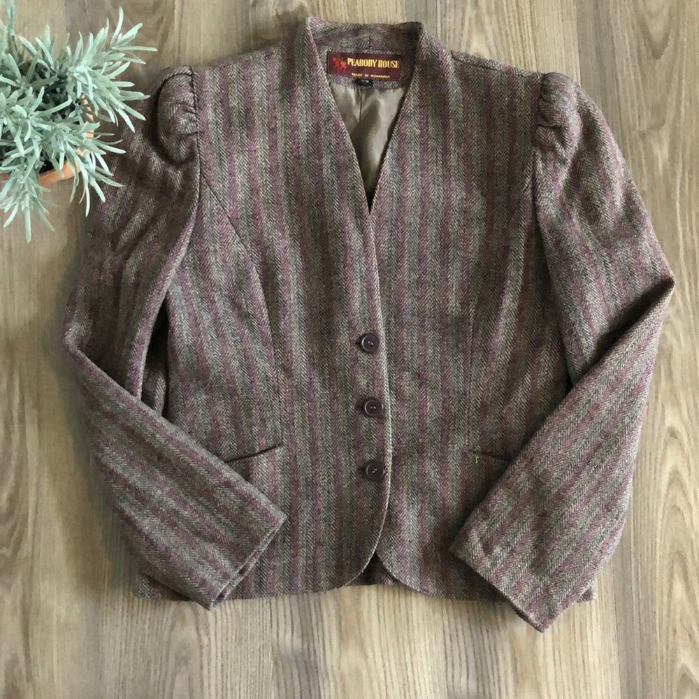 VINTAGE WOOL BLEND TWEED BLAZER BY PEABODY HOUSE WITH PUFF SHOULDER SIZE 4